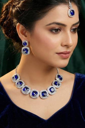 Blue rhodium premium designer american diamond and stone work necklace set