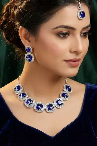 Blue rhodium premium designer american diamond and stone work necklace set