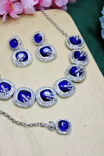 Blue rhodium premium designer american diamond and stone work necklace set