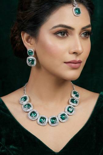 Green rhodium premium designer american diamond and stone work necklace set