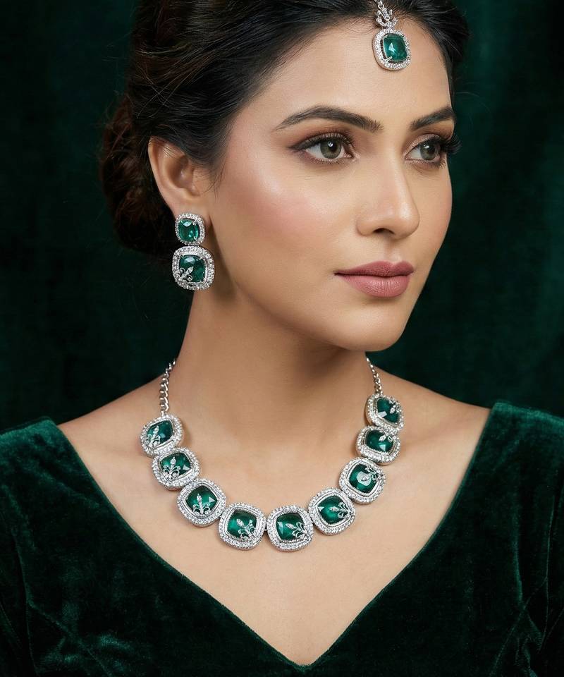 Green rhodium premium designer american diamond and stone work necklace set