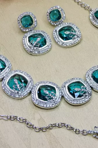 Green rhodium premium designer american diamond and stone work necklace set