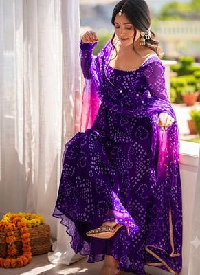 Jambli bandhani printed georgette anarkali kurta pant with dupatta set for women 3
