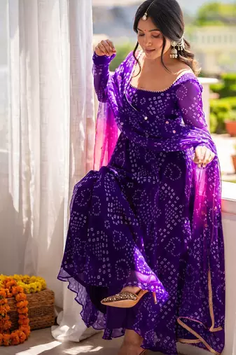 Jambli bandhani printed georgette anarkali kurta pant with dupatta set for women