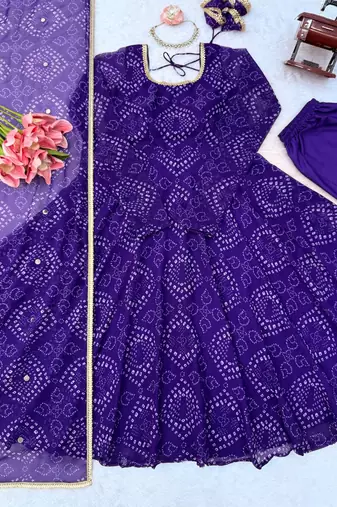 Jambli bandhani printed georgette anarkali kurta pant with dupatta set for women