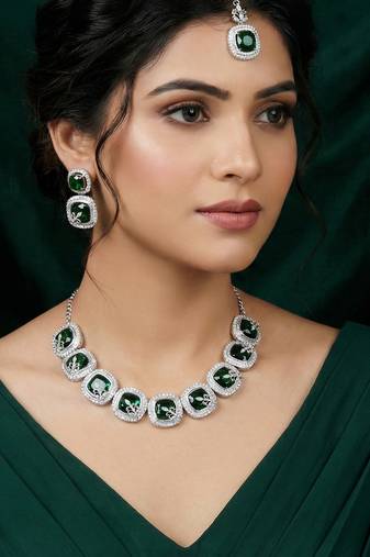 Green rhodium premium designer american diamond and stone work necklace set