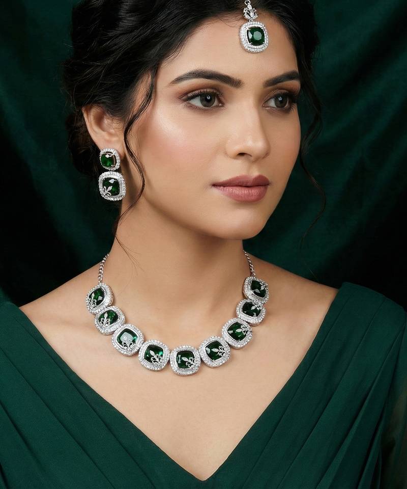 Green rhodium premium designer american diamond and stone work necklace set