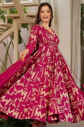 Rani pink maslin digital printed wedding party festival casual ready anarkali palazzo pant salwar kameez