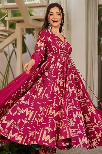 Rani pink maslin digital printed wedding party festival casual ready anarkali palazzo pant salwar kameez