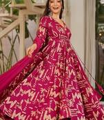 Rani pink maslin digital printed wedding party festival casual ready anarkali palazzo pant salwar kameez