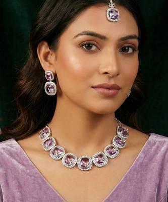 Purple rhodium premium designer american diamond and stone work necklace set 1