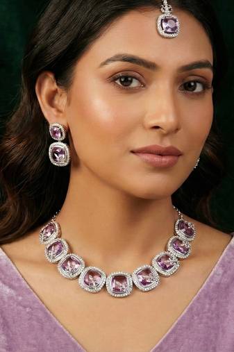 Purple rhodium premium designer american diamond and stone work necklace set