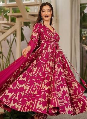 Rani pink maslin digital printed wedding party festival casual ready anarkali palazzo pant salwar kameez 2