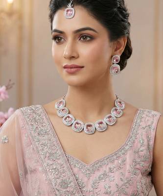 Pink rhodium premium designer american diamond and stone work necklace set 1