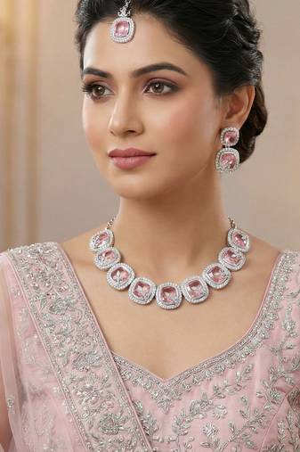Pink rhodium premium designer american diamond and stone work necklace set