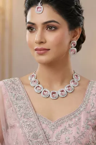 Pink rhodium premium designer american diamond and stone work necklace set