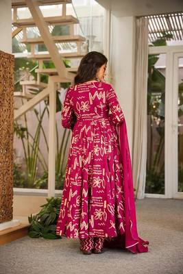 Rani pink maslin digital printed wedding party festival casual ready anarkali palazzo pant salwar kameez 4