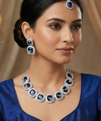 Blue rhodium premium designer american diamond and stone work necklace set 1