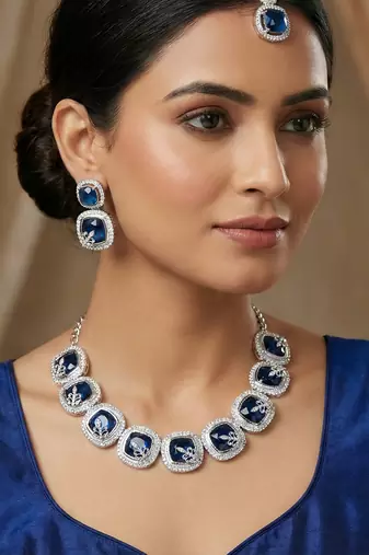 Blue rhodium premium designer american diamond and stone work necklace set