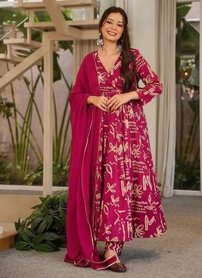 Rani pink maslin digital printed wedding party festival casual ready anarkali palazzo pant salwar kameez 5