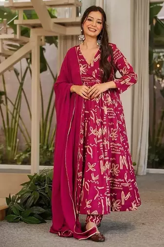 Rani pink maslin digital printed wedding party festival casual ready anarkali palazzo pant salwar kameez