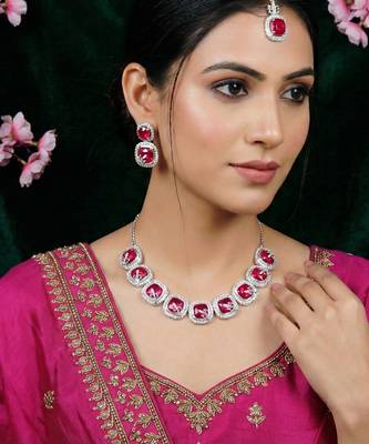 Pink rhodium premium designer american diamond and stone work necklace set 1