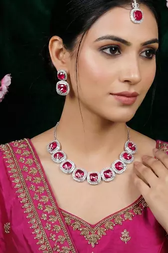 Pink rhodium premium designer american diamond and stone work necklace set