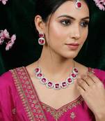 Pink rhodium premium designer american diamond and stone work necklace set