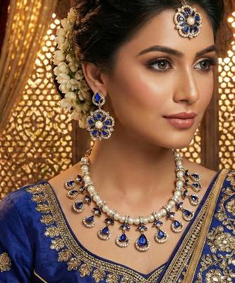Blue yellow gold premium designer american diamond and stone work necklace set 1