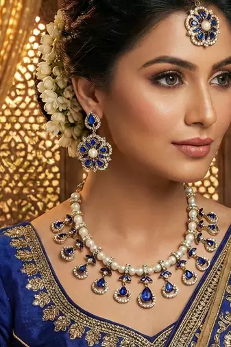 Blue yellow gold premium designer american diamond and stone work necklace set