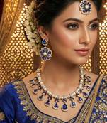 Blue yellow gold premium designer american diamond and stone work necklace set