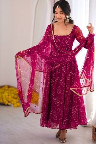 Rani pink bandhani printed georgette anarkali kurta pant with dupatta set for women