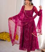 Rani pink bandhani printed georgette anarkali kurta pant with dupatta set for women