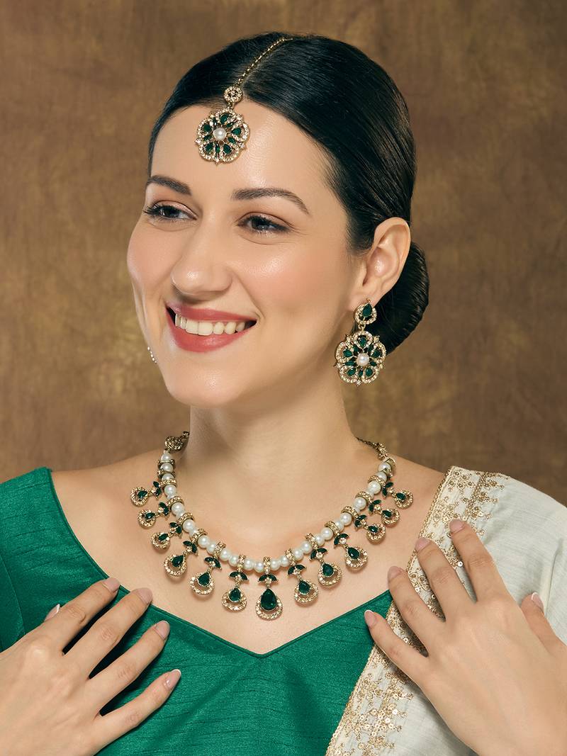 Green yellow gold premium designer american diamond and stone work necklace set