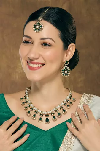 Green yellow gold premium designer american diamond and stone work necklace set