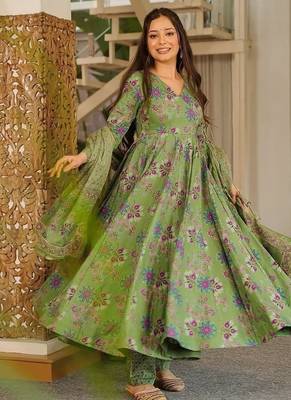 Green maslin digital printed wedding party festival casual ready anarkali palazzo pant salwar kameez 2