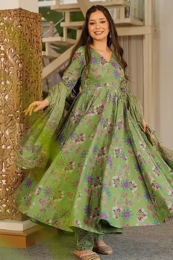 Green maslin digital printed wedding party festival casual ready anarkali palazzo pant salwar kameez