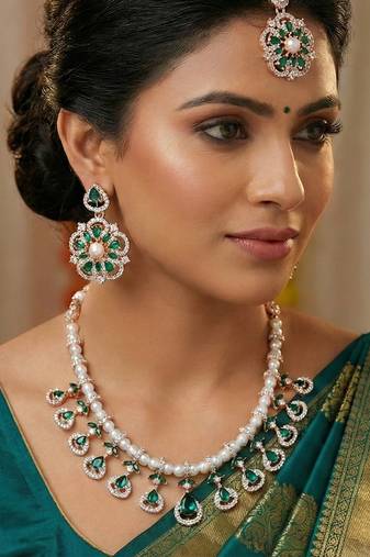 Green rose gold premium designer american diamond and stone work necklace set