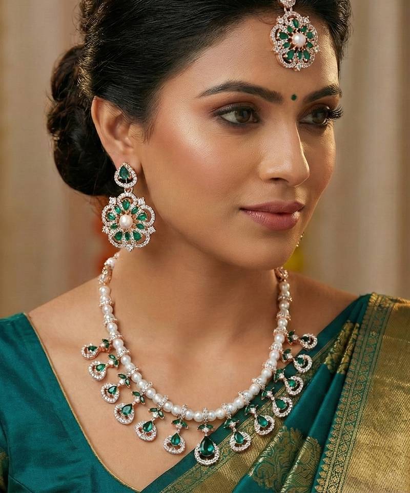 Green rose gold premium designer american diamond and stone work necklace set