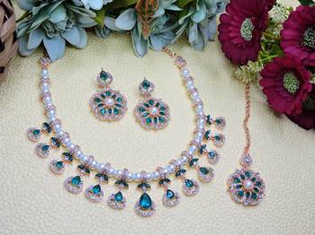 Green rose gold premium designer american diamond and stone work necklace set 2