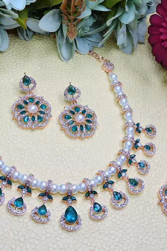 Green rose gold premium designer american diamond and stone work necklace set