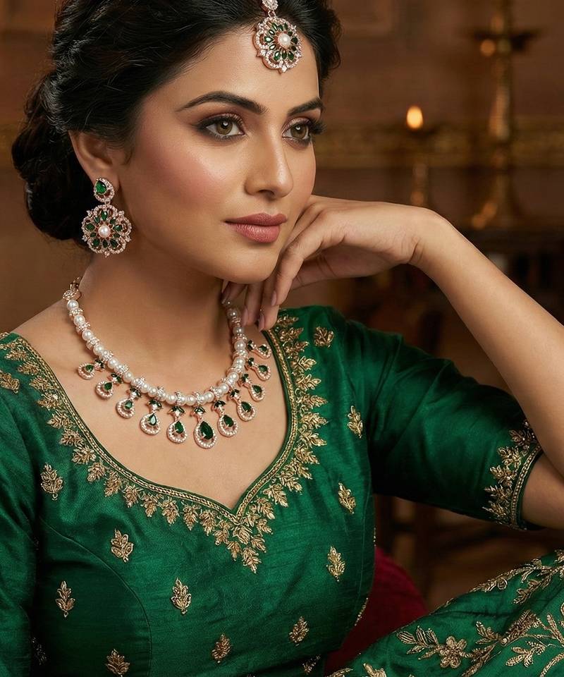 Green rose gold premium designer american diamond and stone work necklace set