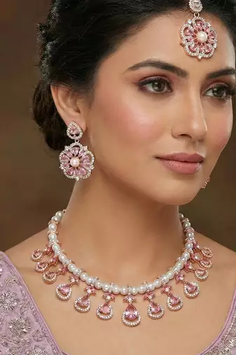 Purple rose gold premium designer american diamond and stone work necklace set