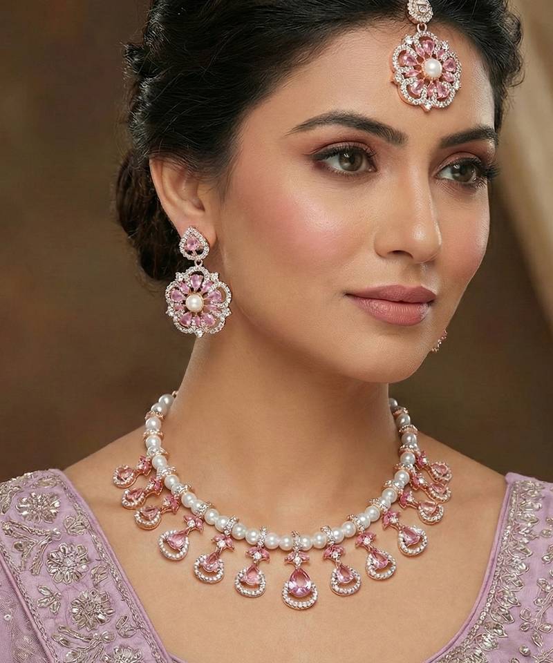 Purple rose gold premium designer american diamond and stone work necklace set