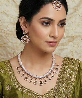 Green rose gold premium designer american diamond and stone work necklace set 1