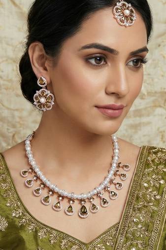 Green rose gold premium designer american diamond and stone work necklace set