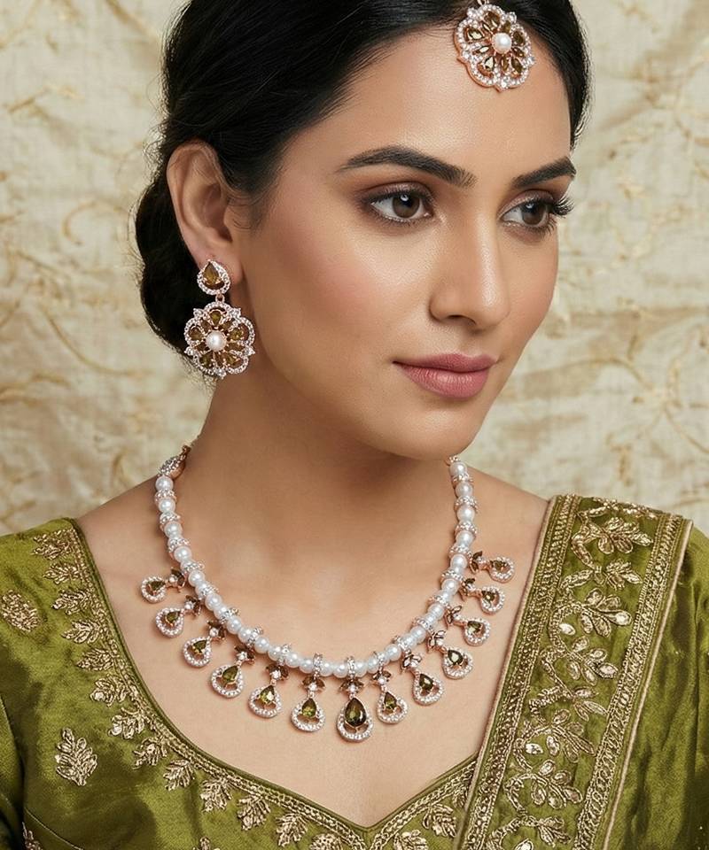 Green rose gold premium designer american diamond and stone work necklace set