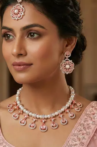 Pink rose gold premium designer american diamond and stone work necklace set
