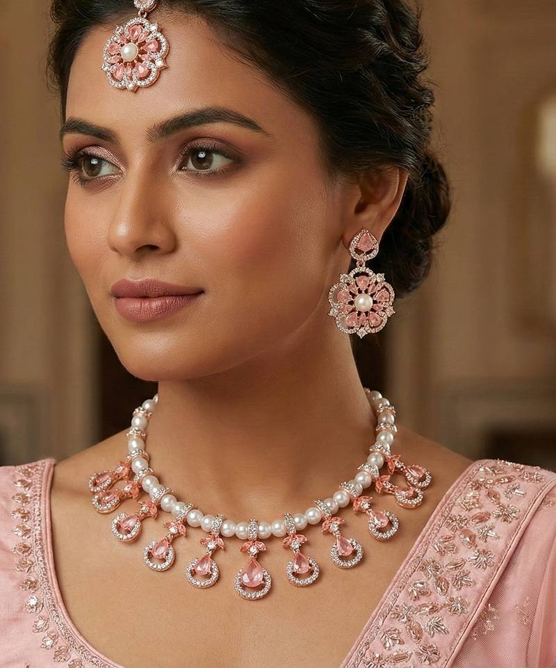 Pink rose gold premium designer american diamond and stone work necklace set