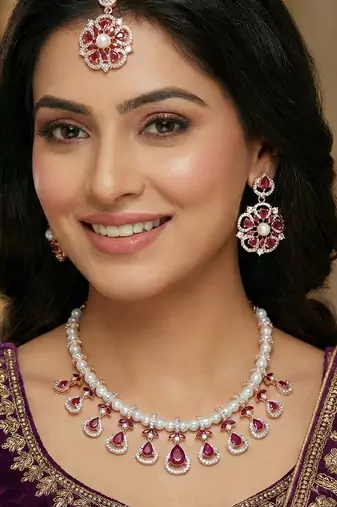 Purple rose gold premium designer american diamond and stone work necklace set
